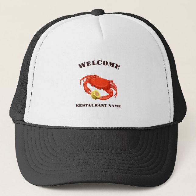 Simple Red crab corn seafood Restaurant logo name Trucker Hat (Front)