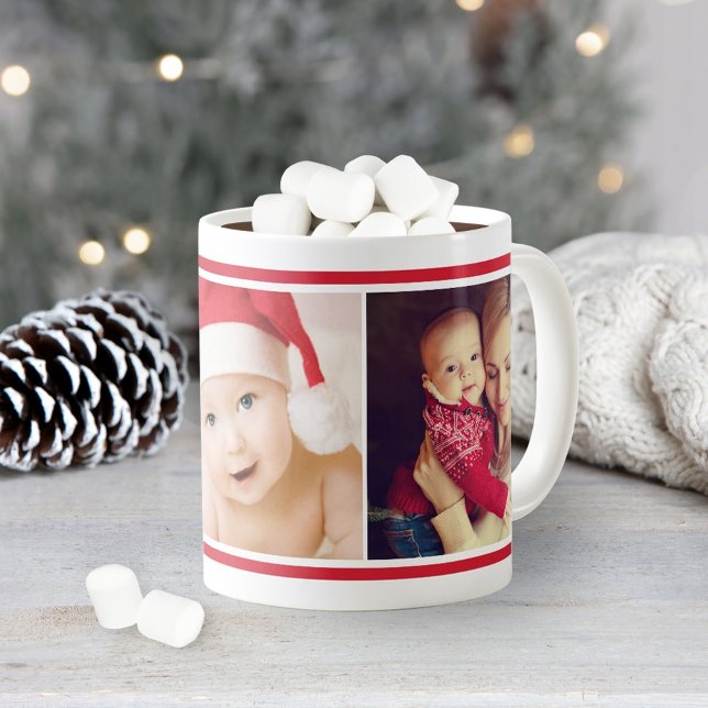 Simple Red Custom Christmas Photo Collage Coffee Mug (Creator Uploaded)