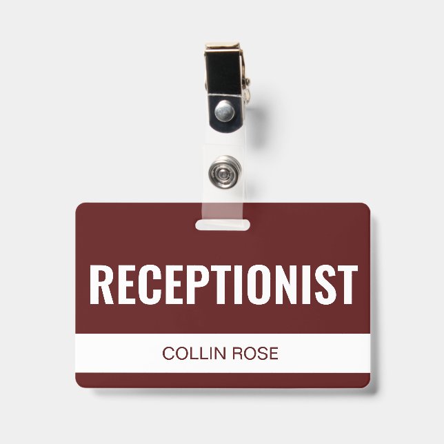 Simple Red Custom Hotel Receptionist Employee ID Badge (Front with Clip)
