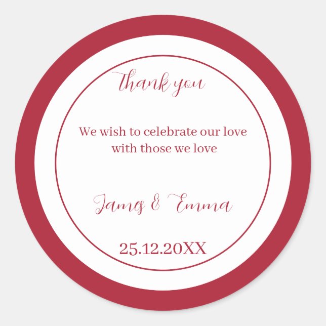 Simple Red Custom Wedding Classic Round Sticker (Front)