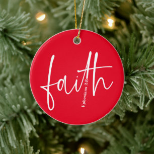 Simple Red Faith Bible Verse Calligraphy Text Ceramic Tree Decoration