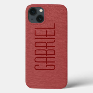Simple Red Faux Leather Look Monogram iPhone 13 Case
