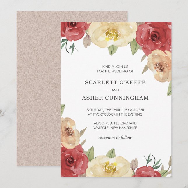 Simple Red Floral Elegant Wedding Invitation (Front/Back)