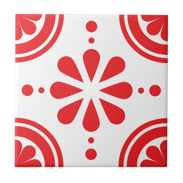 Simple Red Floral Scandinavian Pattern Tile (Front)