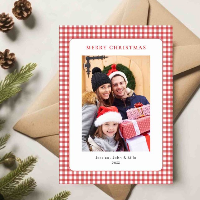 Simple Red Gingham Christmas Photo Holiday Card (Creator Uploaded)