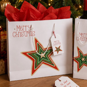 Simple Red Gold Green Merry Christmas Star Large Gift Bag