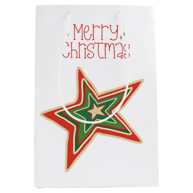 Simple Red Gold Green Merry Christmas Star Medium  Gift Bag (Front)