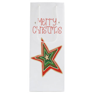 Simple Red Gold Green Merry Christmas Star Wine Gift Bag