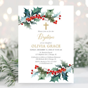 Simple red gold greenery Christmas baptism Invitation