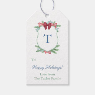 Simple Red Green Blue Monogram Holidays Crest Gift Tags