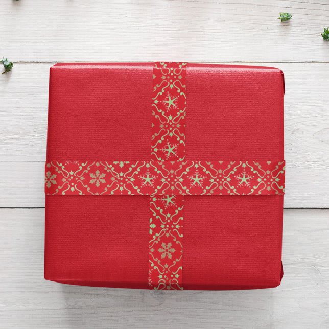 Simple Red Green Snowflake Christmas Satin Ribbon (Christmas snowflake pattern ribbon)