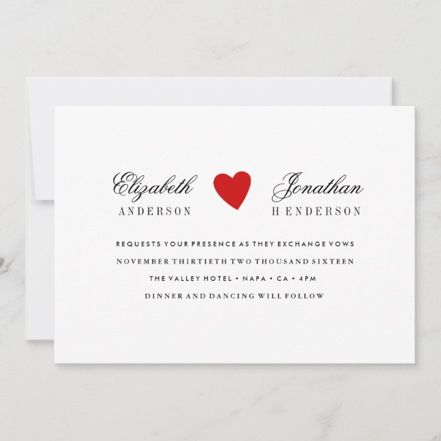 Simple Red Heart Calligraphy Wedding Invitation (Front)