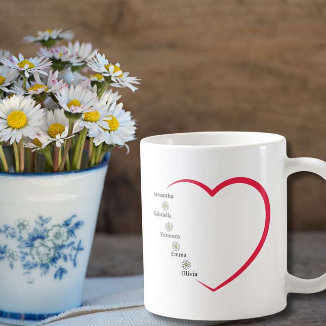 Simple Red Heart Daisy Flowers Custom 5 Names Coffee Mug (Creator Uploaded)