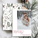 Simple Red Married and Merry Newlyweds Photo Holiday Card<br><div class="desc">Introducing our stunning new Simple Red Married and Merry Newlyweds Photo Holiday Card: a modern design featuring elegant typography and a cherished wedding photo, in festive red and white. The minimalistic front is complemented by a warm, festive watercolor botanical pattern on the back, showcasing greenery, eucalyptus, pine cones, and berries....</div>