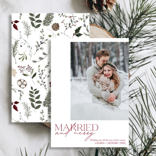 Simple Red Married and Merry Newlyweds Photo Holiday Card (Easily personalize this newlywed photo holiday card with your favorite image and deets)
