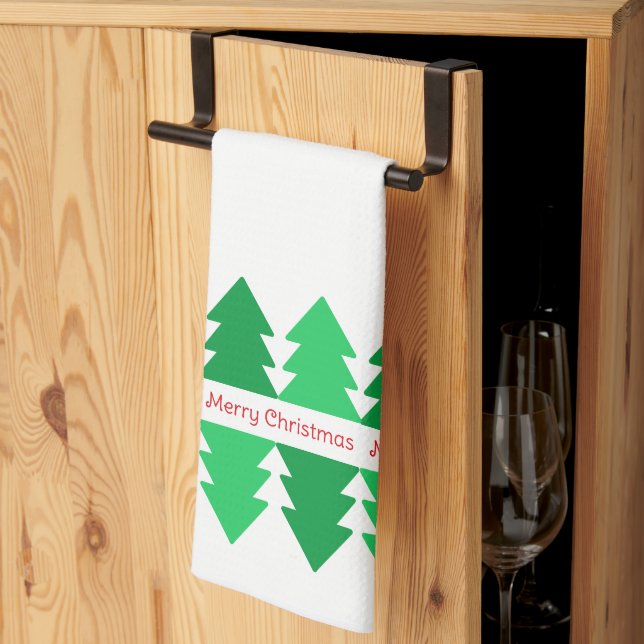 Simple Red Merry Christmas Green Tree Design Tea Towel (Thirds Fold)