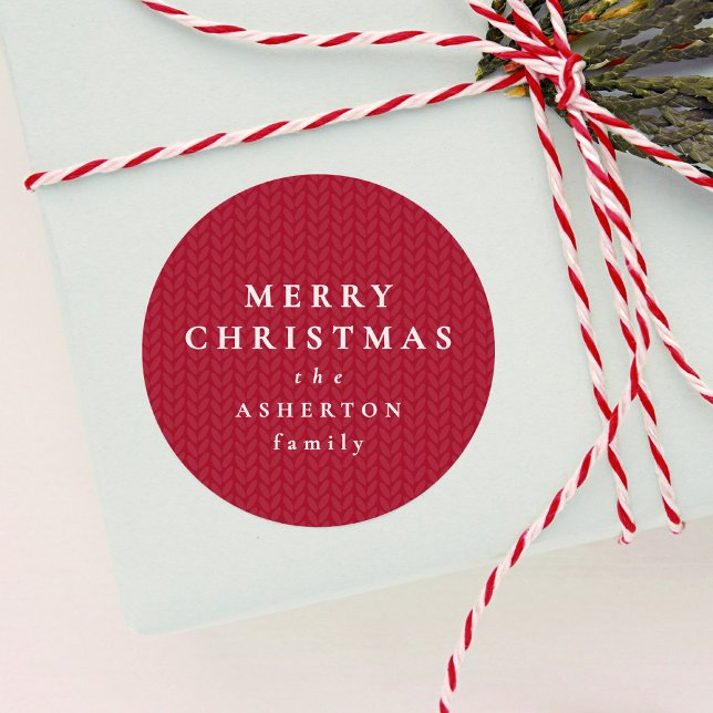 Simple red Merry Christmas knit pattern gift Classic Round Sticker (Creator Uploaded)