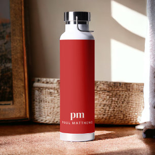 Simple Red Minimal Custom Monogram and Name Water Bottle