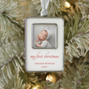 Simple Red Minimalist Photo Baby's First Silver Plated Framed Ornament