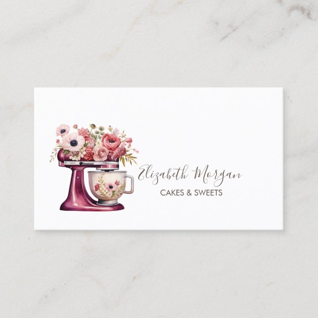 Simple Red Mixer Flower Bakery Business Card (Front)