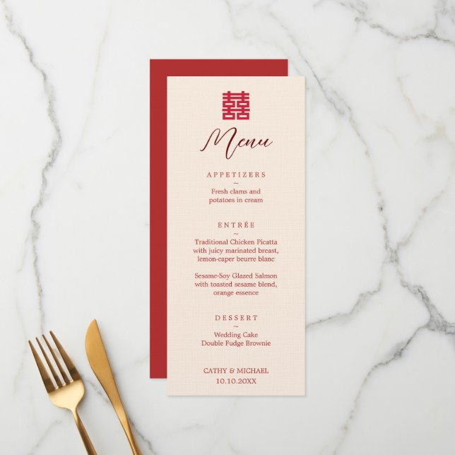 Simple red modern double happinessChinese wedding  Menu (Front/Back In Situ)