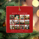 Simple Red Modern Typewriter Family Photo Collage Ceramic Ornament<br><div class="desc">Simple modern photo collage ornament featuring minimalist typewriter font. Easily add your photos and details for a custom Christmas ornament.</div>