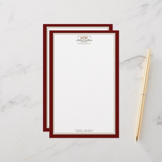 Simple Red Monogram Business Stationery (Front/Back In Situ)