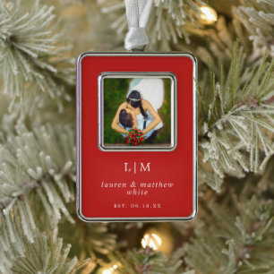 Simple Red Monogram Photo Elegant Silver Plated Framed Ornament