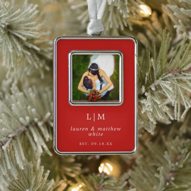 Simple Red Monogram Photo Elegant Silver Plated Framed Ornament (Tree)