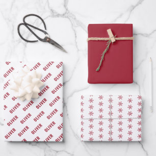 Simple Red Name and Snowflake Pattern Christmas Wrapping Paper Sheet