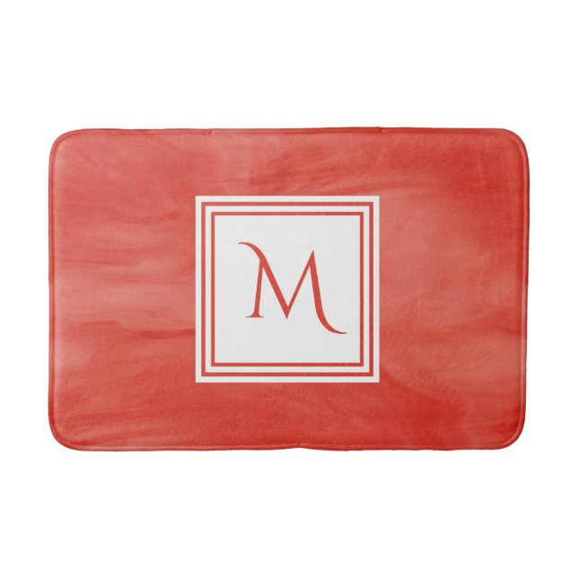 Simple Red Orange Subtle Marble Modern Monogram Bath Mat (Front)