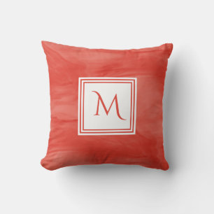 Simple Red Orange Subtle Marble Modern Monogram Cushion