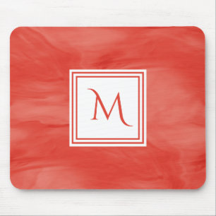 Simple Red Orange Subtle Marble Modern Monogram Mouse Pad