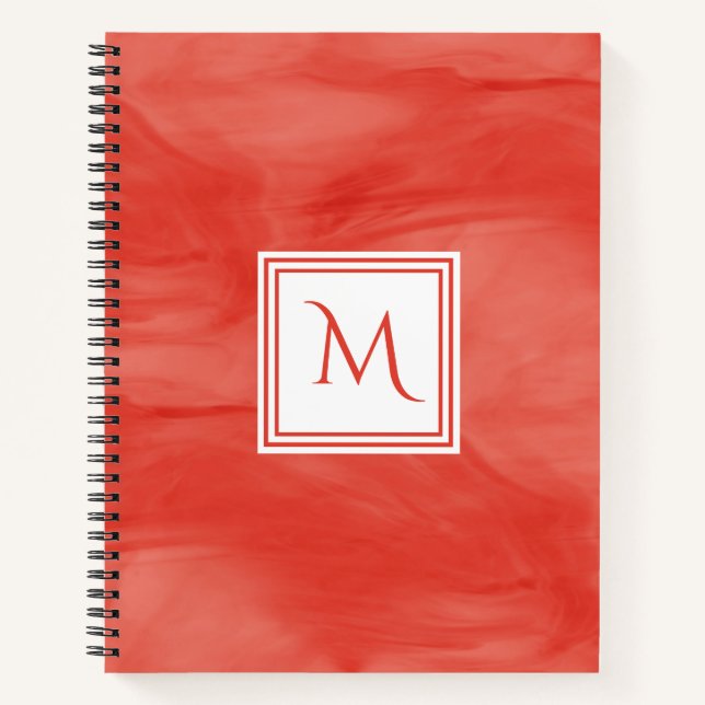 Simple Red Orange Subtle Marble Modern Monogram Notebook (Front)