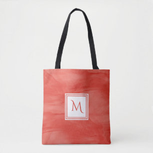 Simple Red Orange Subtle Marble Modern Monogram Tote Bag