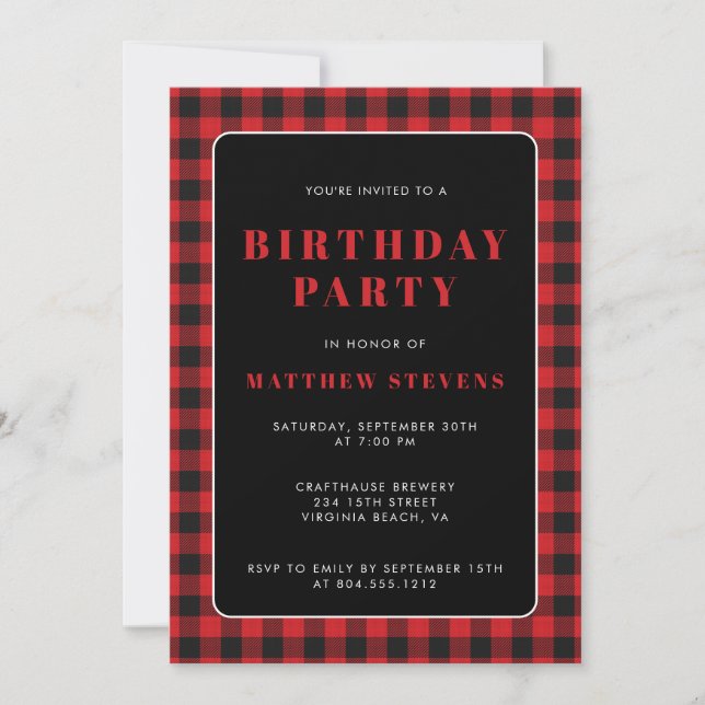 Simple Red Plaid Birthday Party Invitation  (Front)