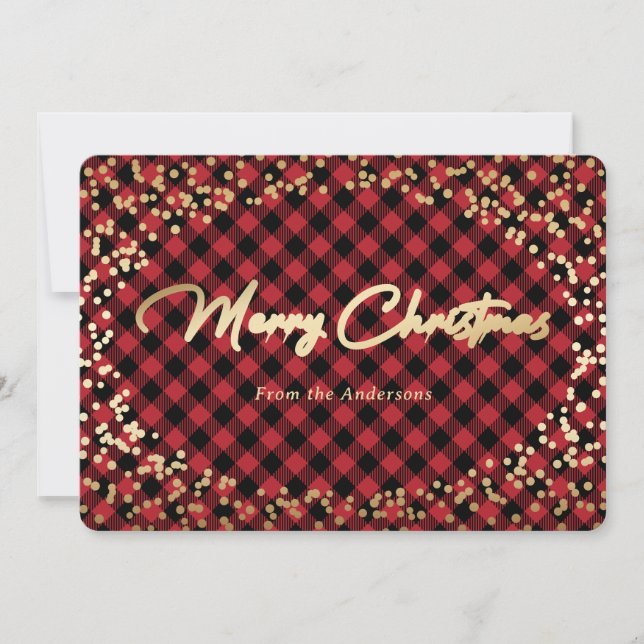 Simple Red Plaid Gold Foil Christmas Cards (Front)