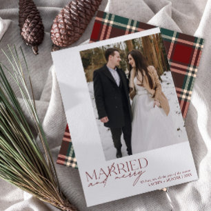 Simple Red Plaid Married & Merry Newlyweds Photo Holiday Card