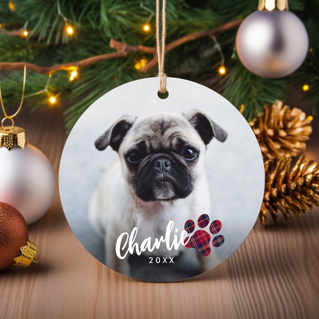 Simple Red Plaid Paw Script Photo Pet Christmas Ceramic Tree Decoration (Simple Red Plaid Paw Script Photo Pet Christmas Tree Ornament)