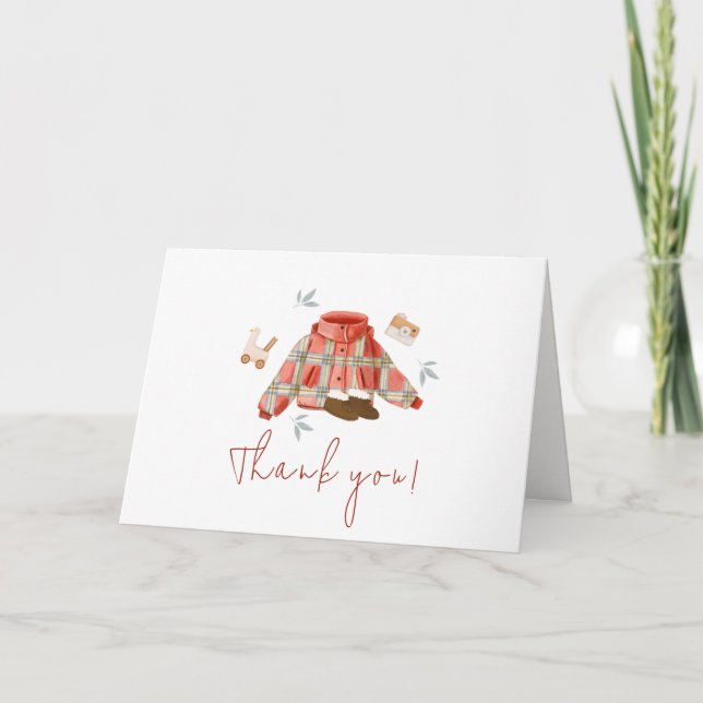 Simple Red Plaid Winter Clothes Baby Shower  Thank You Card (Front)