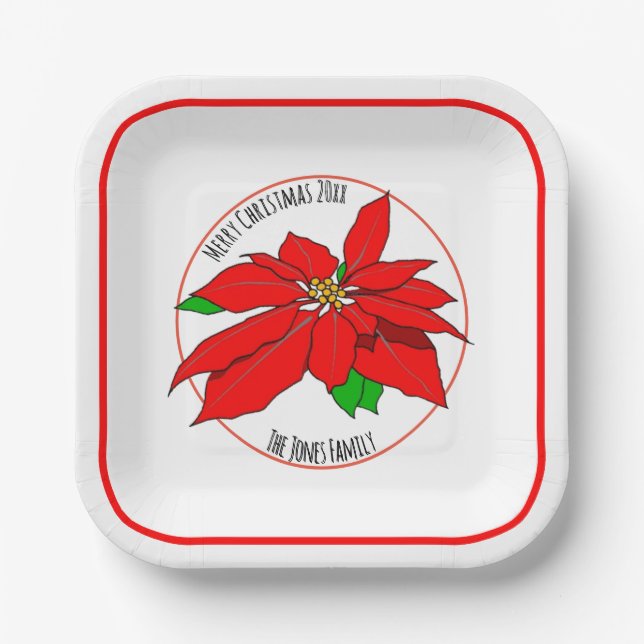 Simple Red Poinsettia Flower Merry Christmas White Paper Plate (Front)