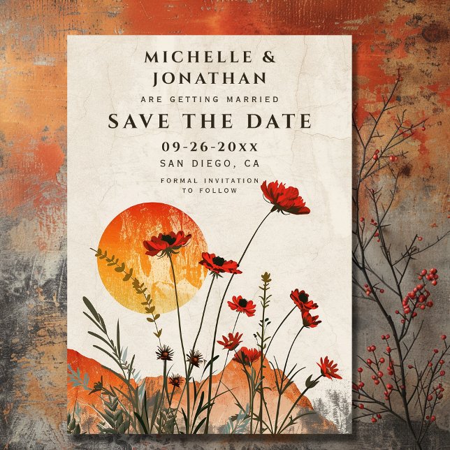 Simple Red Poppies Boho Wildflowers Sunset Wedding Save The Date (Front - Simple Red Poppies Boho Wildflowers Sunset Wedding Save The Date)