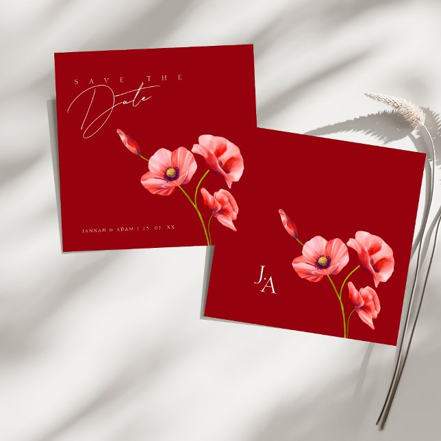 Simple Red Poppies Floral Wedding Save the Date (Simple Crimson Red Poppies Floral Wedding Save The Date)
