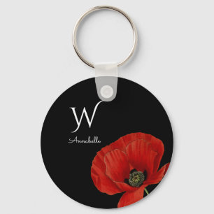 Simple Red Poppy on Black with Monogram Key Ring