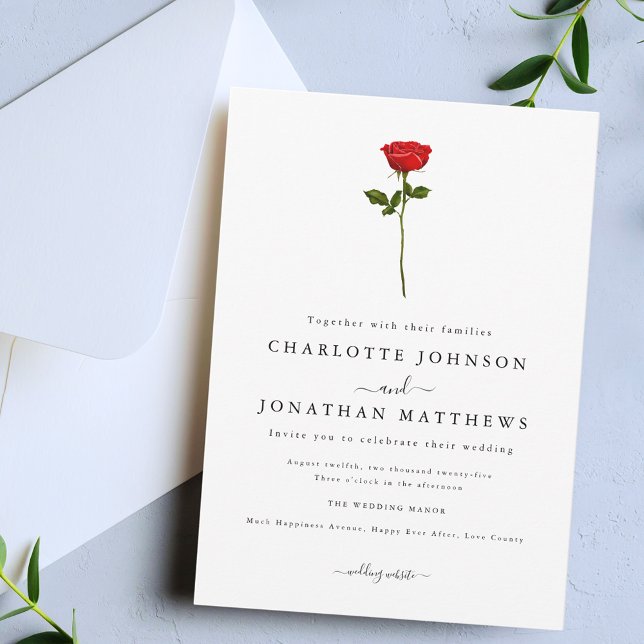 Simple Red Rose Elegant Script Invitation (Simple red rose elegant modern wedding invitation Watercolor floral stylish script)