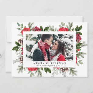 Simple Red Roses Floral   Family Photo Christmas Holiday Card