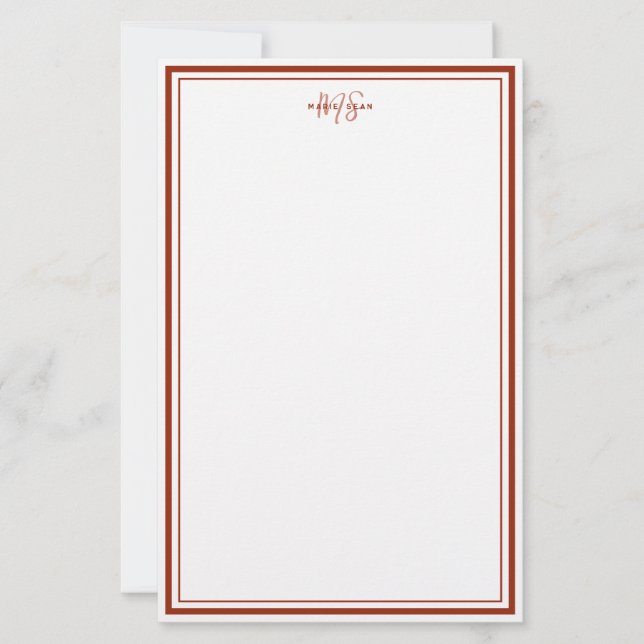 Simple Red Scarlet Minimalist Monogram Two Border Stationery (Front)