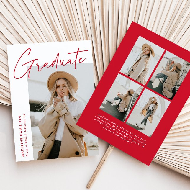 Simple Red Script 5 Photo Collage Graduation Announcement (Creator Uploaded)
