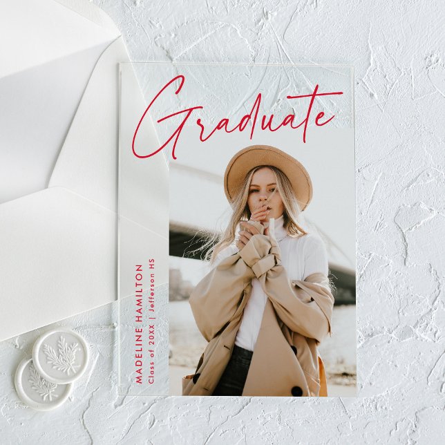 Simple Red Script Acrylic Graduation Announcement (Creator Uploaded)
