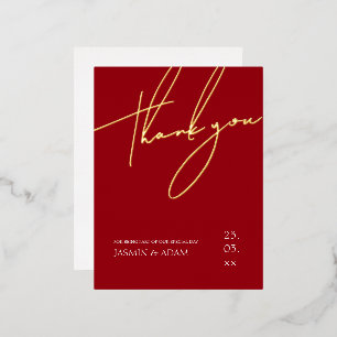 Simple Red Script Gold Foil Wedding Thank You Invitation Postcard